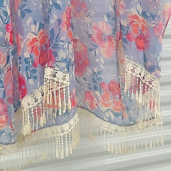Kimono Wrap Floral Lace Trim  Pastel Blue Pink Roses Romantic Lightweight Sheer - Picture 2 of 8